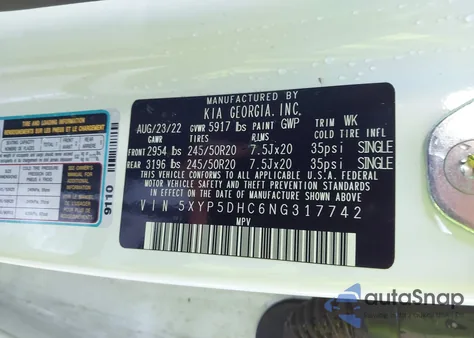 2022 Kia Telluride Sx z USA, uszkodzony, nr VIN 5XYP5DHC6NG317742